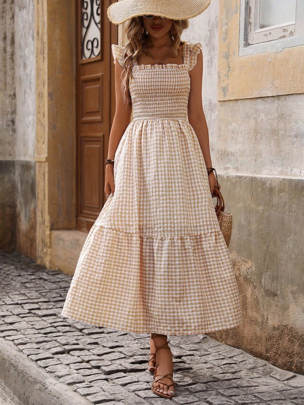 Plaid suspender elastic wide swing dress