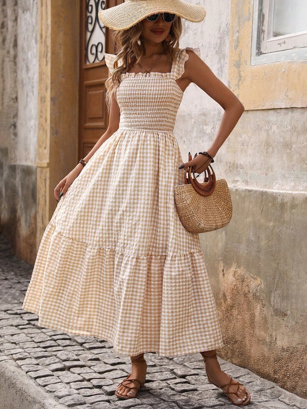 Plaid suspender elastic wide swing dress