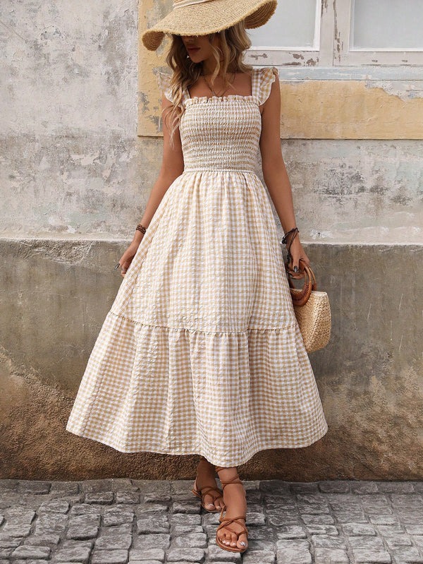 Plaid suspender elastic wide swing dress