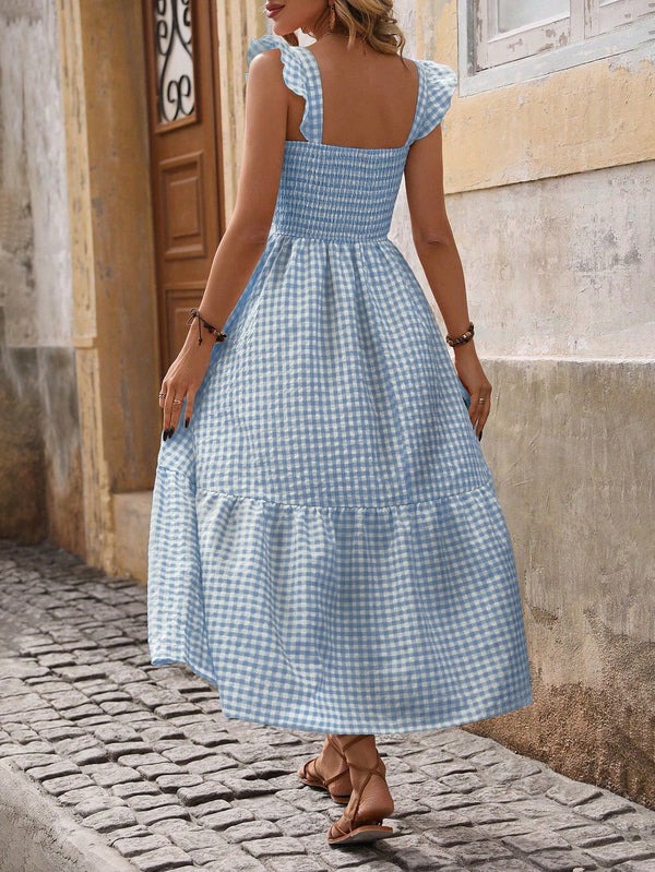 Plaid suspender elastic wide swing dress