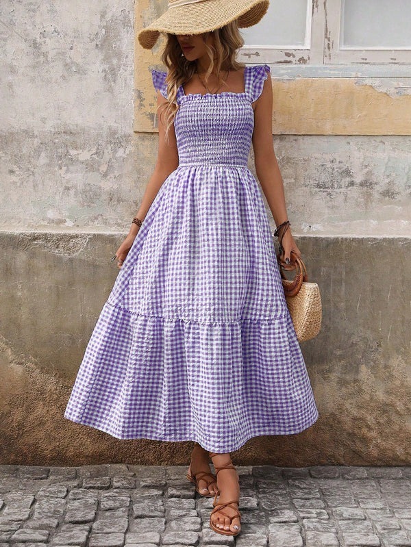 Plaid suspender elastic wide swing dress