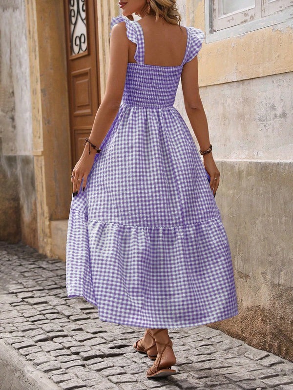 Plaid suspender elastic wide swing dress