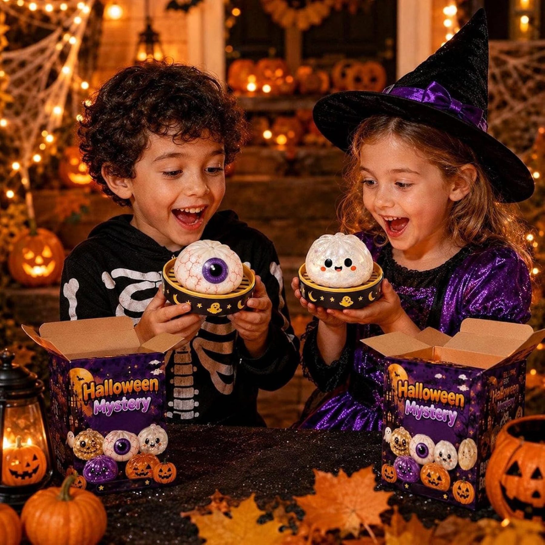 Halloween Mystery Glitter Dumpling Squishy Box Set, Ghost Pumpkin Eyeball Design, Soft Stress Relief Fidget Toy, Party Favor Gift for Boys/Girls