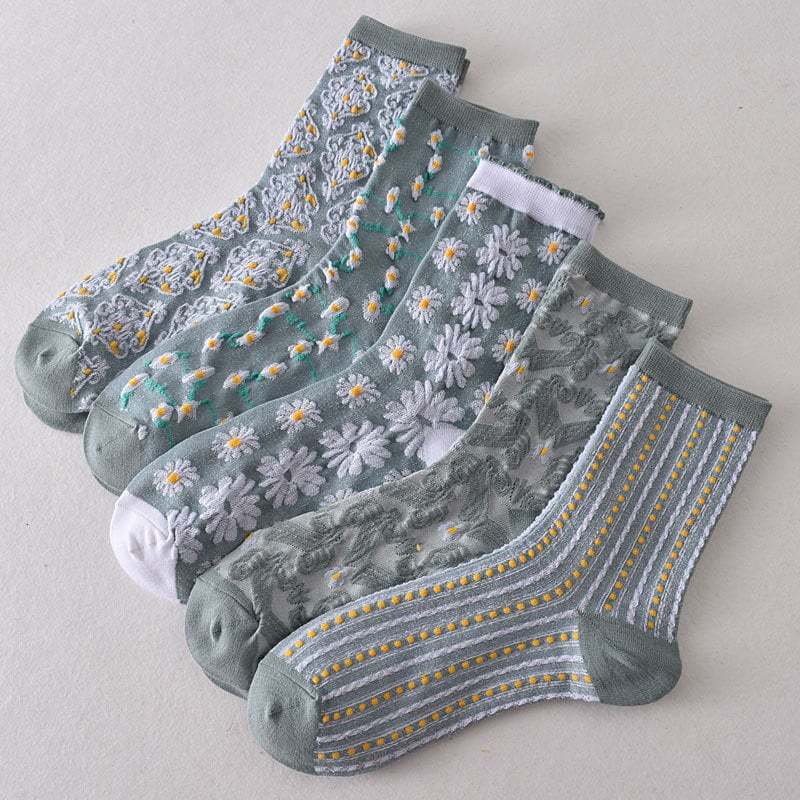 49%OFF-5 Pairs Women's Blue Elegant Embossed Floral Cotton Socks