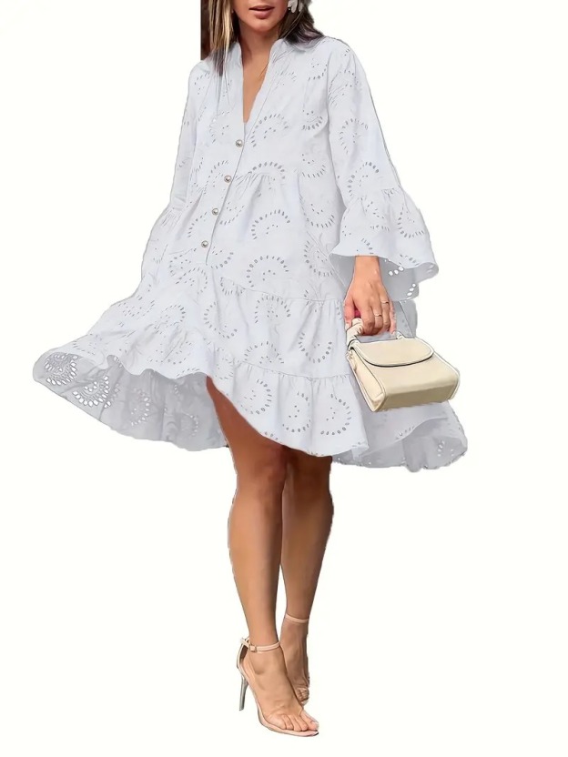 Elegant Women's Black V-Neck Shirt Dress with Embroidered Pearl Buttons and Flared Sleeves - Lightweight