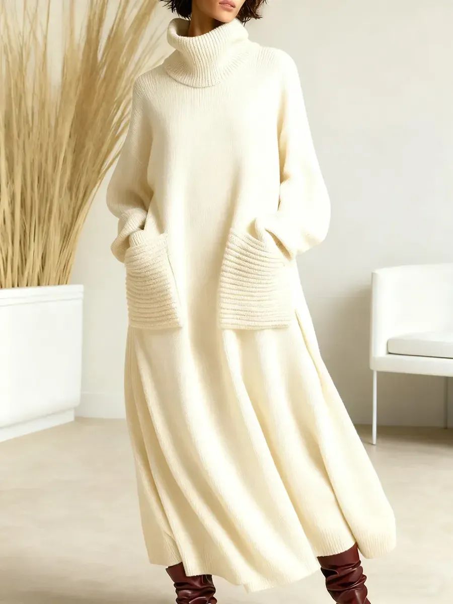 Women's High-end Fashionable Loose Neckline Brown Knitted Maxi Dress