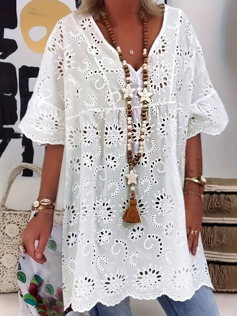 Women'S Plus Size Black Lace Long Sleeve V-Neck Blouse - Sexy Hollow-Out Design, Flared Bell Sleeves, Casual Summer Shirt for Vacation or Casual Attire, Versatile Blouse | Lace Detailing Shirt | Nonstretch Fabric