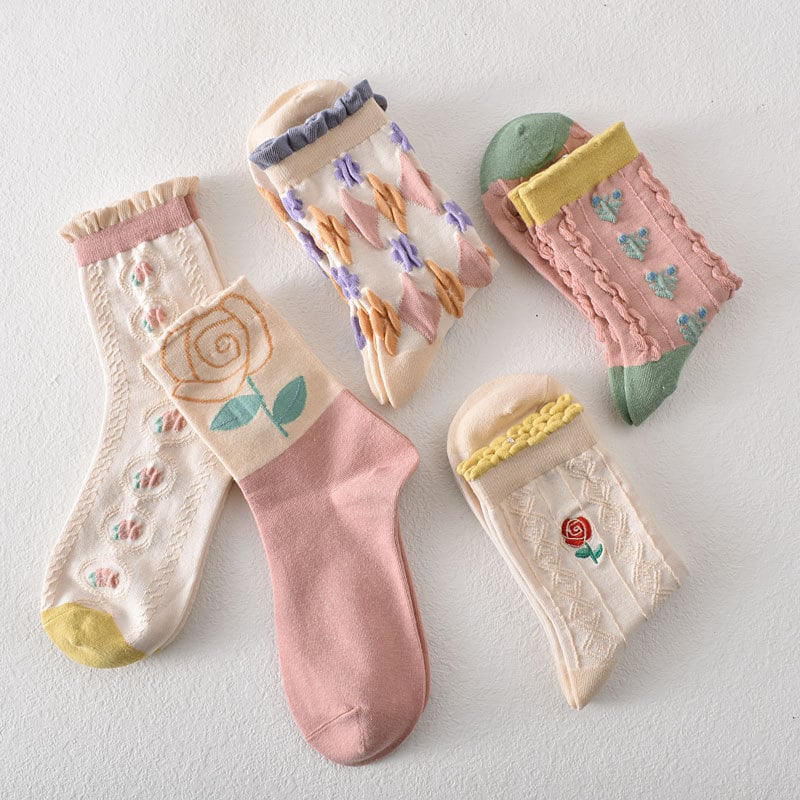 5 pairs of women's pink floral cotton socks