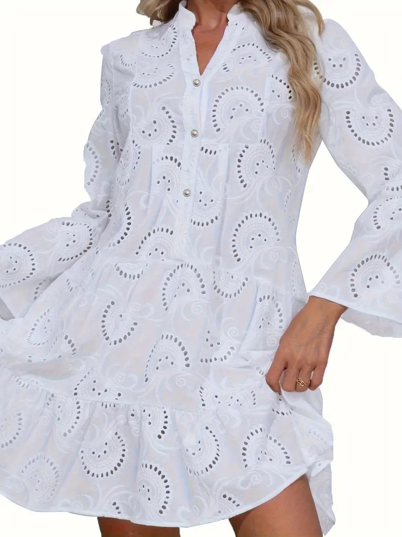 Elegant Women's Black V-Neck Shirt Dress with Embroidered Pearl Buttons and Flared Sleeves - Lightweight