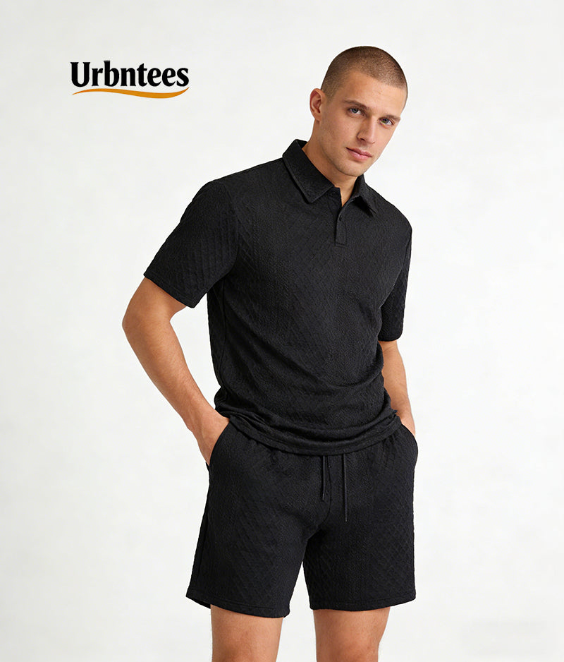 Urbntees Men's Solid Polo Shirt & Drawstring Waist Shorts Set, Cozy Breathable Two-piece Outfits for Daily Outdoor Wear, Men Clothes for Summer