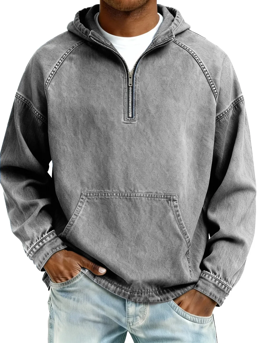 Men's Retro Distressed Raglan Sleeve Pocket Hooded Sweatshirt