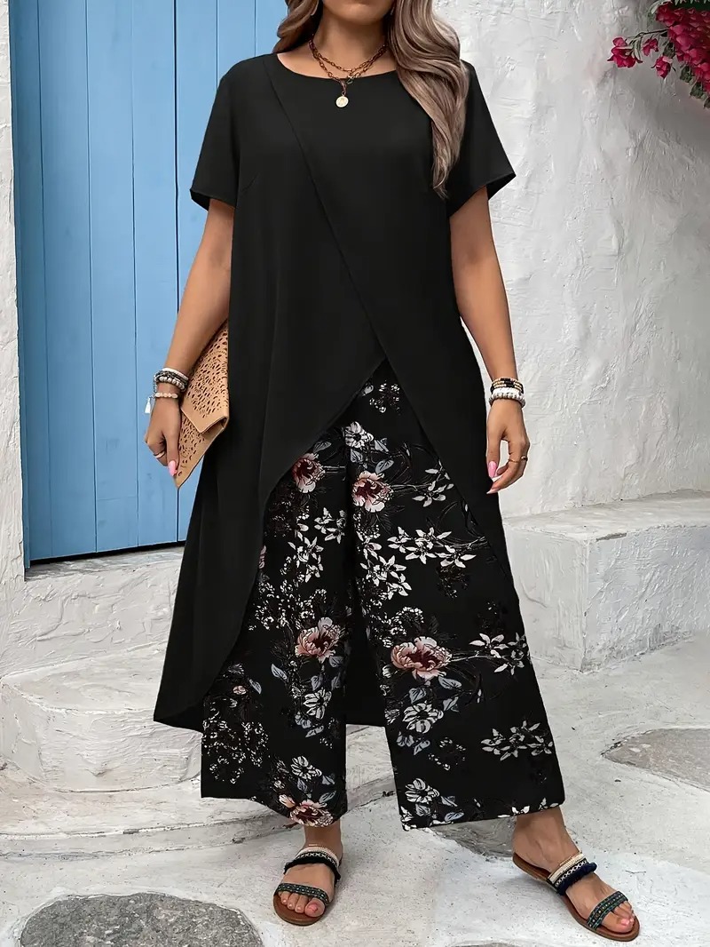 Ladies Plus Size Crew Neck Floral Short Sleeve Casual Pants Set