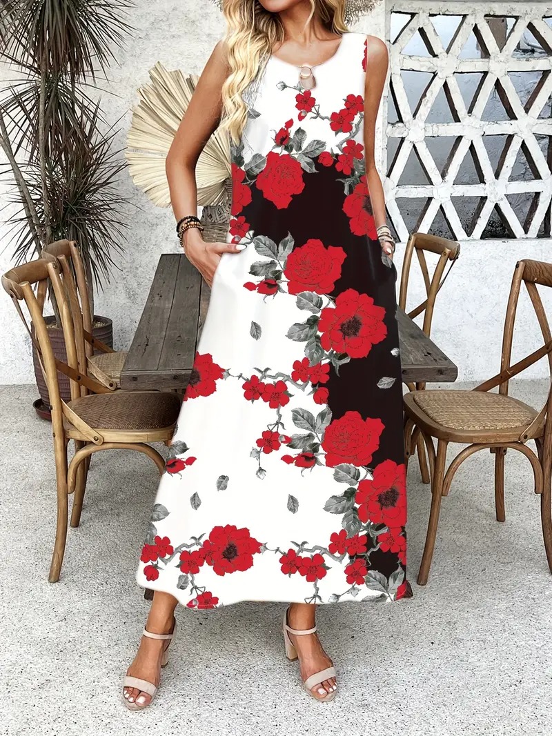 Summer Long Floral Print Pocket Waist Dress