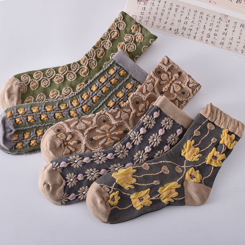 5 Pairs Women's Embossed Floral Cotton Socks
