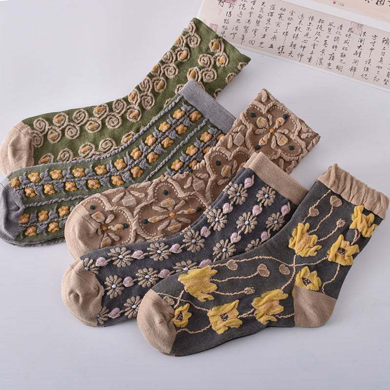 5 Pairs Women's Embossed Floral Cotton Socks