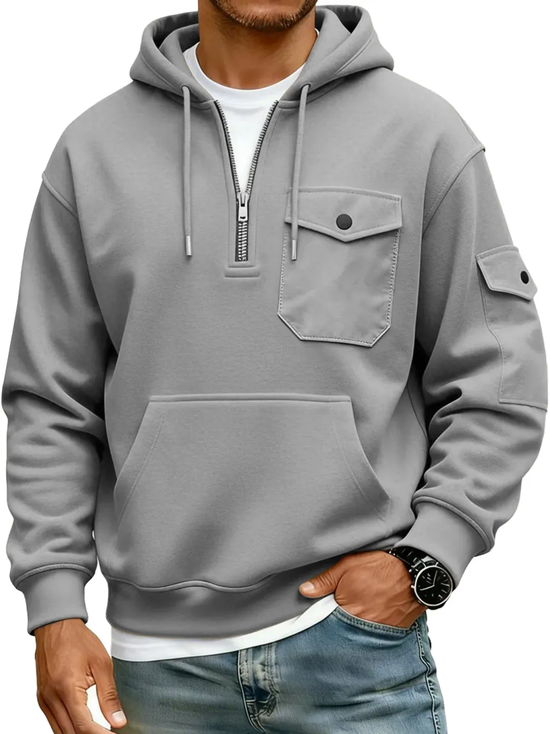 Men's Multi-Pocket Zipper Hooded Casual Workwear Sweatshirt