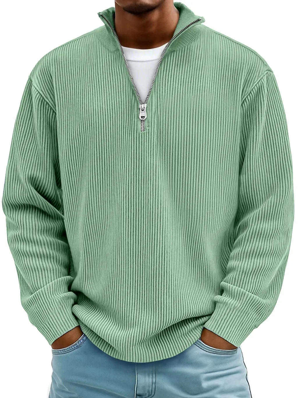 Men's Simple Casual Ribbed Stand Collar Zipper Long Sleeve T-shirt