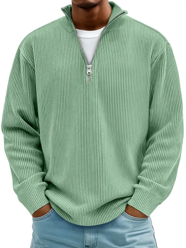 Men's Simple Casual Ribbed Stand Collar Zipper Long Sleeve T-shirt