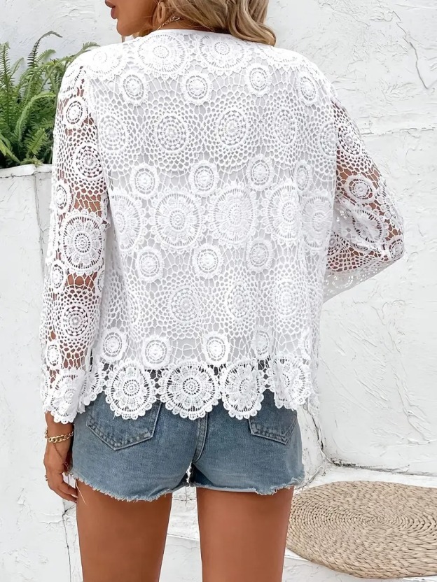 Women's Elegant Lace Cardigan - Lightweight 100% Polyester Semi-Sheer Knit Top with Round Neck, Spring Layering Essential for Casual or Dressy Outfits
