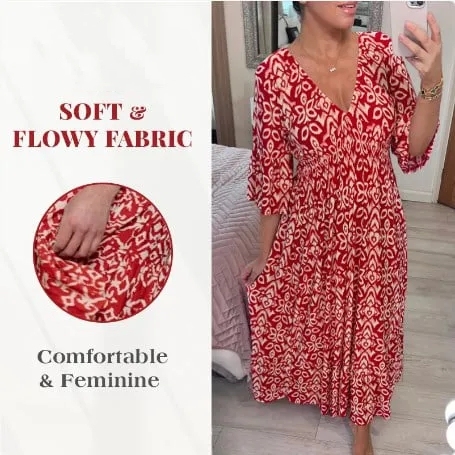 🔥Bohemian casual print V-neck waist wrap long dress