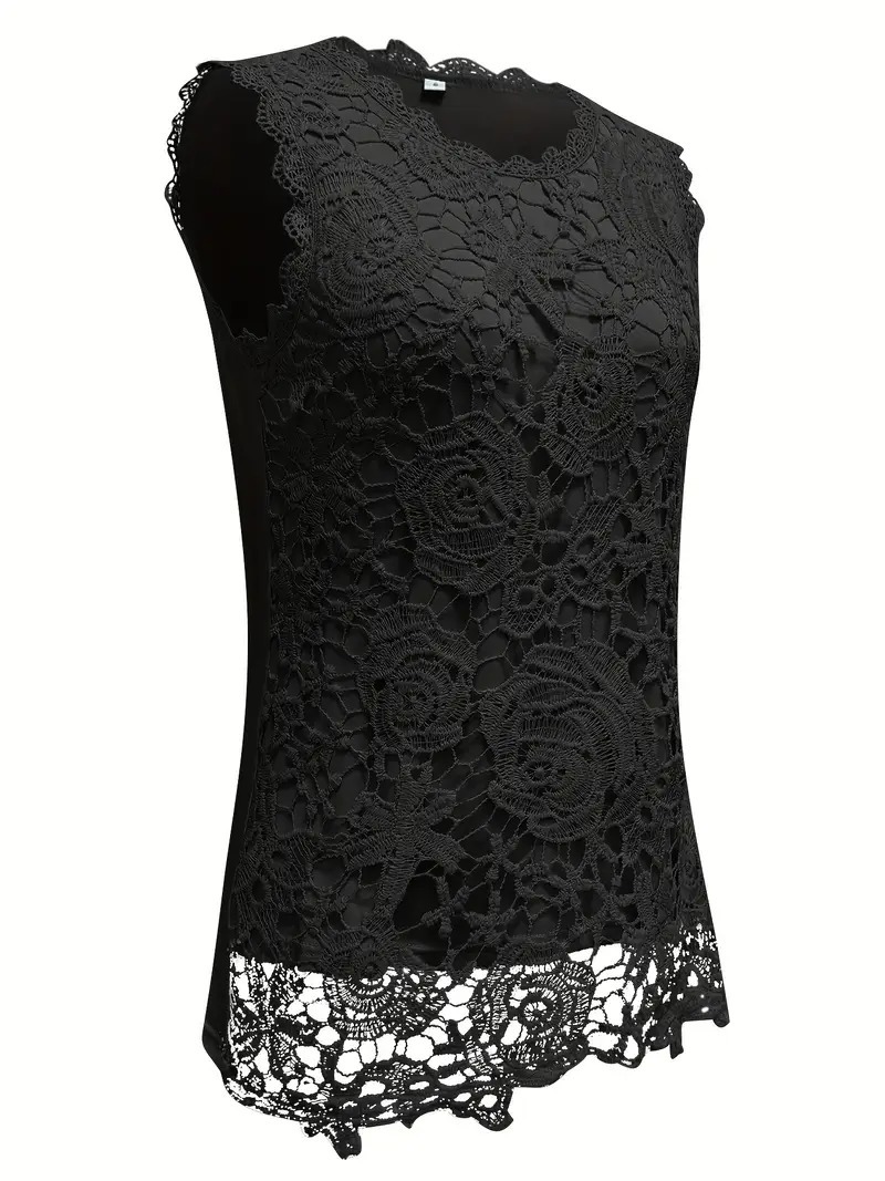 Vibrant Floral Lace Tank Top - Delicate Crew Neck, Exquisite Scallop Trim, Sleeveless, Elegant Pattern on Solid Background - Perfect for Spring and Summer, Womens Clothing