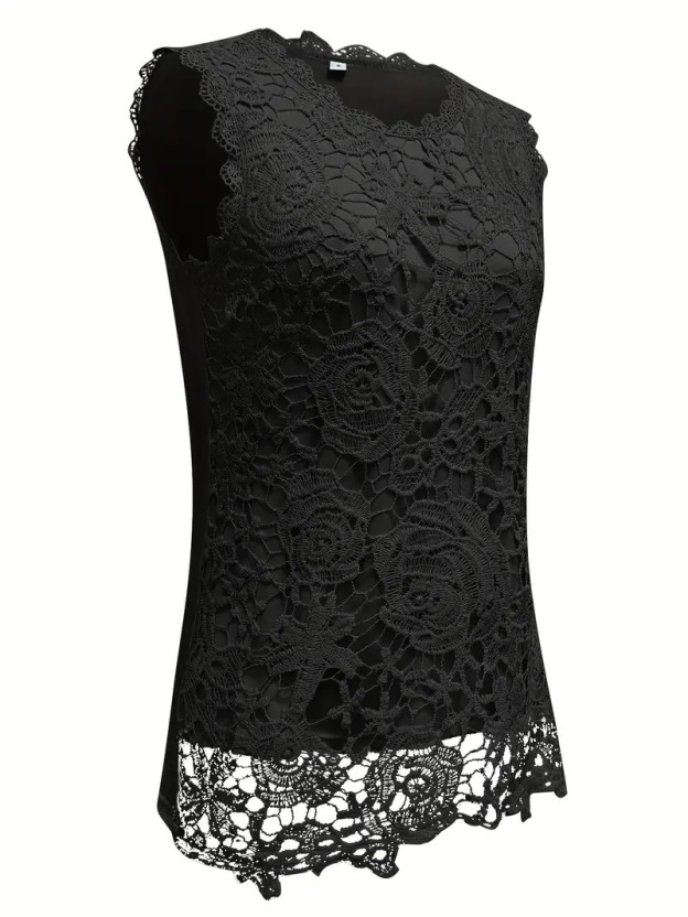 Vibrant Floral Lace Tank Top - Delicate Crew Neck, Exquisite Scallop Trim, Sleeveless, Elegant Pattern on Solid Background - Perfect for Spring and Summer, Womens Clothing
