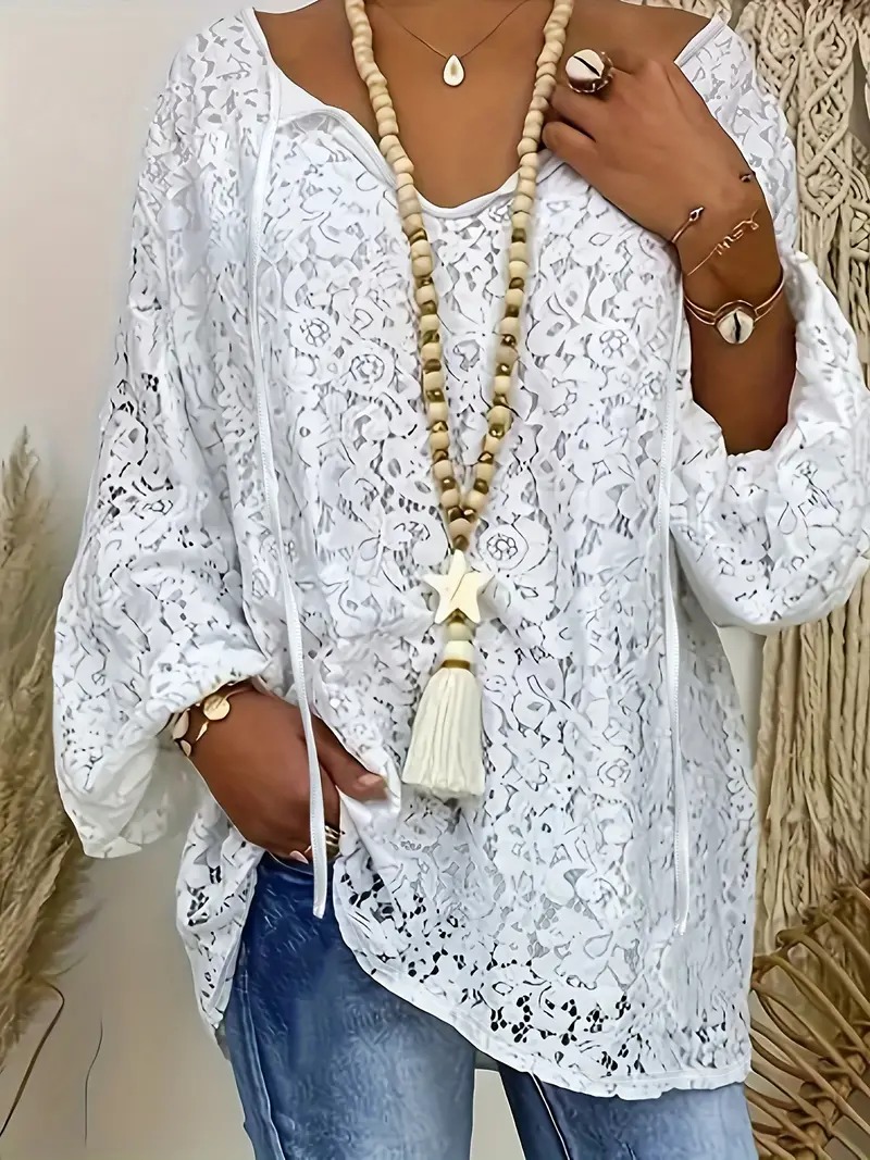 Plus Size Long Sleeve Elegant White Lace V-Neck Top - Loose Fit Knit Pullover for Women, for Autumn