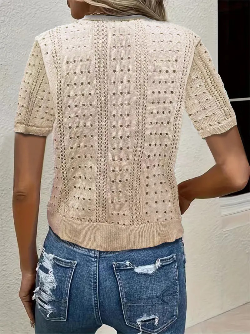 Breathable Viscose Elegant V-Neck Knit Cardigan for Women - Short Sleeve, Hollow-Out Design - Perfect for Spring/Summer/Fall