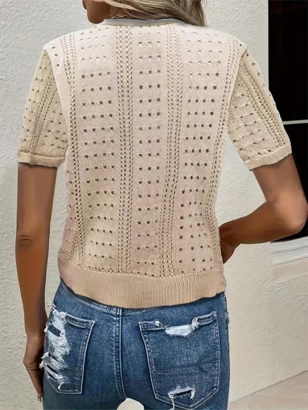 Breathable Viscose Elegant V-Neck Knit Cardigan for Women - Short Sleeve, Hollow-Out Design - Perfect for Spring/Summer/Fall