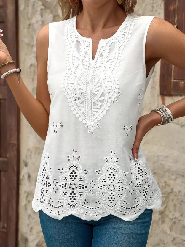 [Holiday Cheer] Women's Elegant White Lace V-Neck Tank Top - Intricate Geometric Patterns, Scalloped Hem, Semi-Sheer Summer Fashion Blouse, Summer Fashion Top | Vneck Blouse | Woven Texture, Lace Tank Top