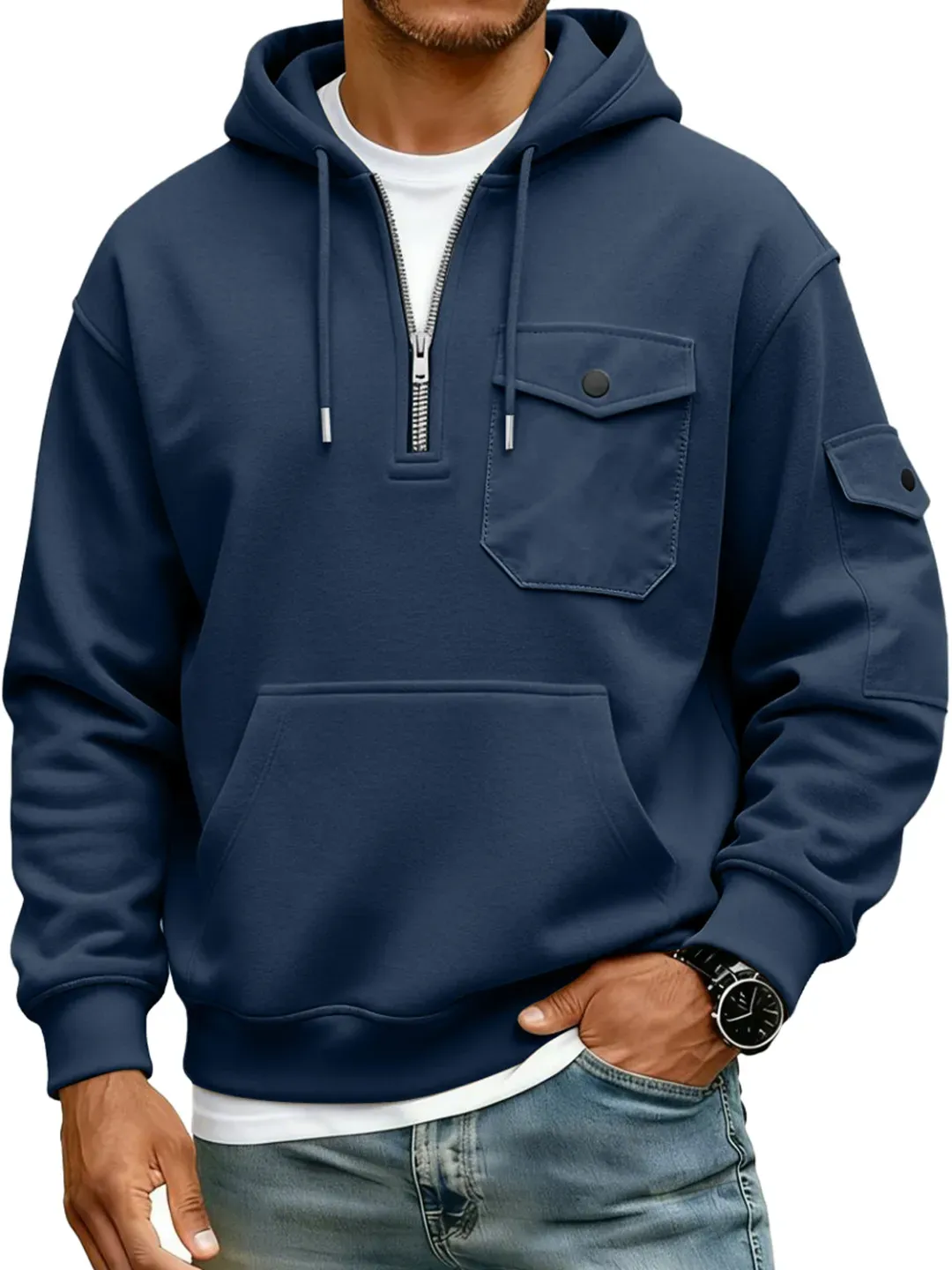 Men's Multi-Pocket Zipper Hooded Casual Workwear Sweatshirt