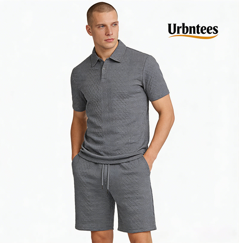 Urbntees Men's Solid Polo Shirt & Drawstring Waist Shorts Set, Cozy Breathable Two-piece Outfits for Daily Outdoor Wear, Men Clothes for Summer