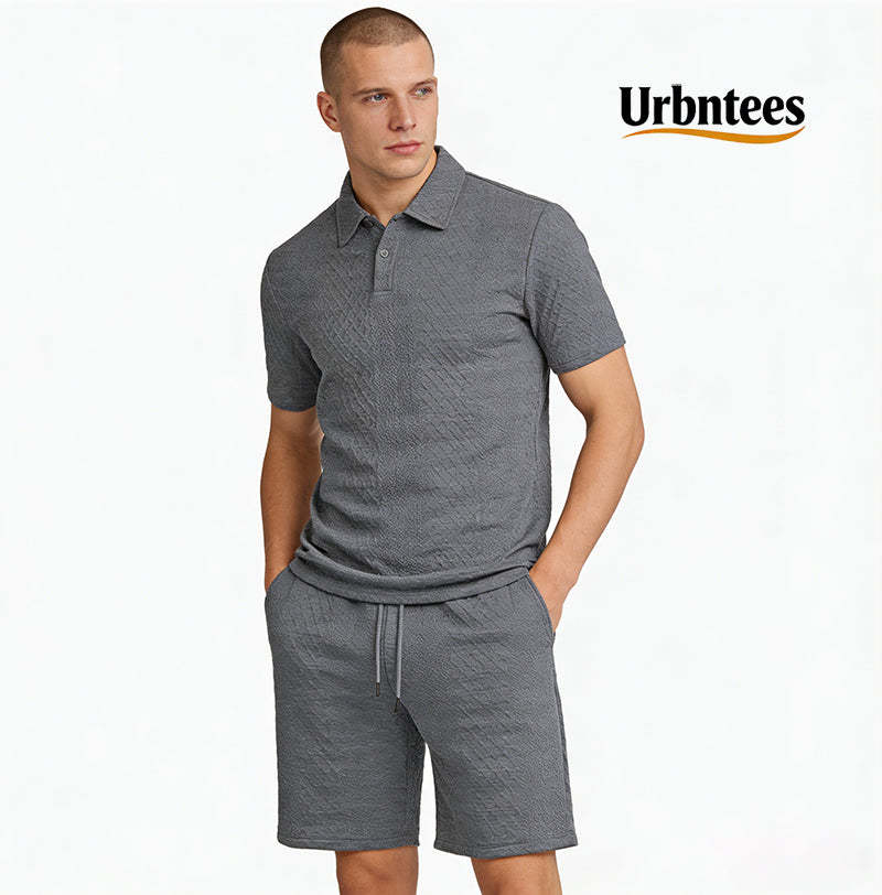 Urbntees Men's Solid Polo Shirt & Drawstring Waist Shorts Set, Cozy Breathable Two-piece Outfits for Daily Outdoor Wear, Men Clothes for Summer