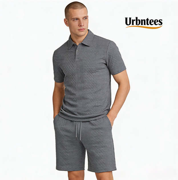 Urbntees Men's Solid Polo Shirt & Drawstring Waist Shorts Set, Cozy Breathable Two-piece Outfits for Daily Outdoor Wear, Men Clothes for Summer