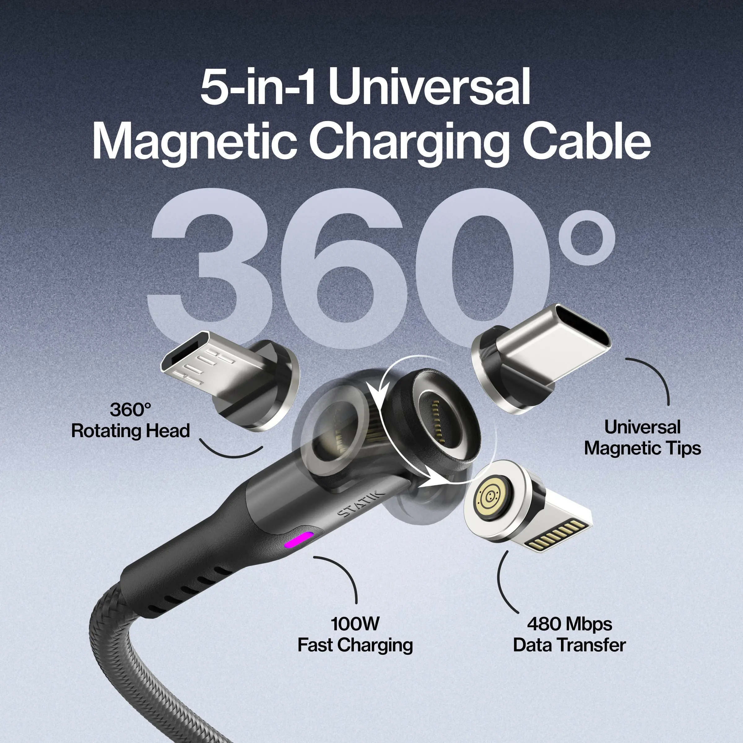 STATIK 360 Pro Cable: 5-in-1 Universal Magnetic Charging Cable | 100W | Fast Charge | 480Mbps Data Transfer | 360&deg; Rotating Head | Braided  Nylon