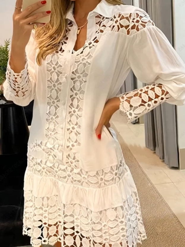 Elegant White Lace Dress for Women - Long Sleeve, Ruffled Hem, Eyelet Detailing, Perfect for Spring/Summer/Fall, Casual to Formal Wear, Polyester, Machine Washable