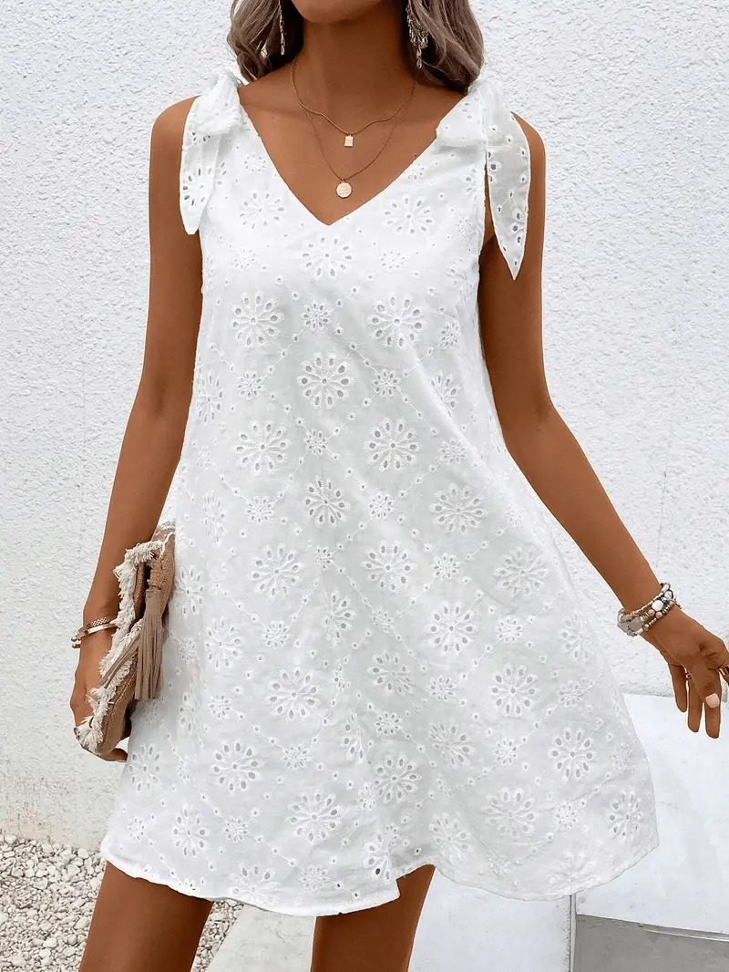 V-neck embroidered hollow dress