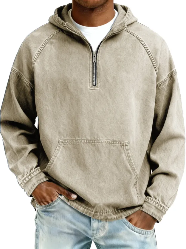 Men's Retro Distressed Raglan Sleeve Pocket Hooded Sweatshirt