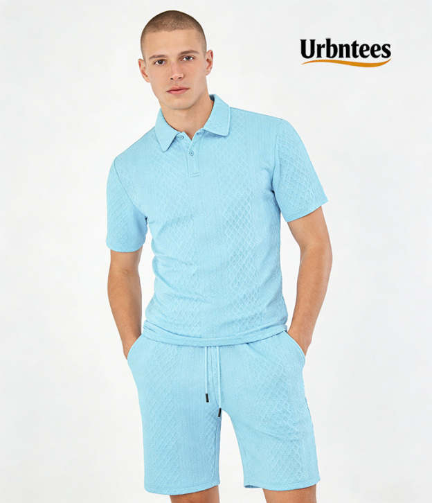 Urbntees Men's Solid Polo Shirt & Drawstring Waist Shorts Set, Cozy Breathable Two-piece Outfits for Daily Outdoor Wear, Men Clothes for Summer