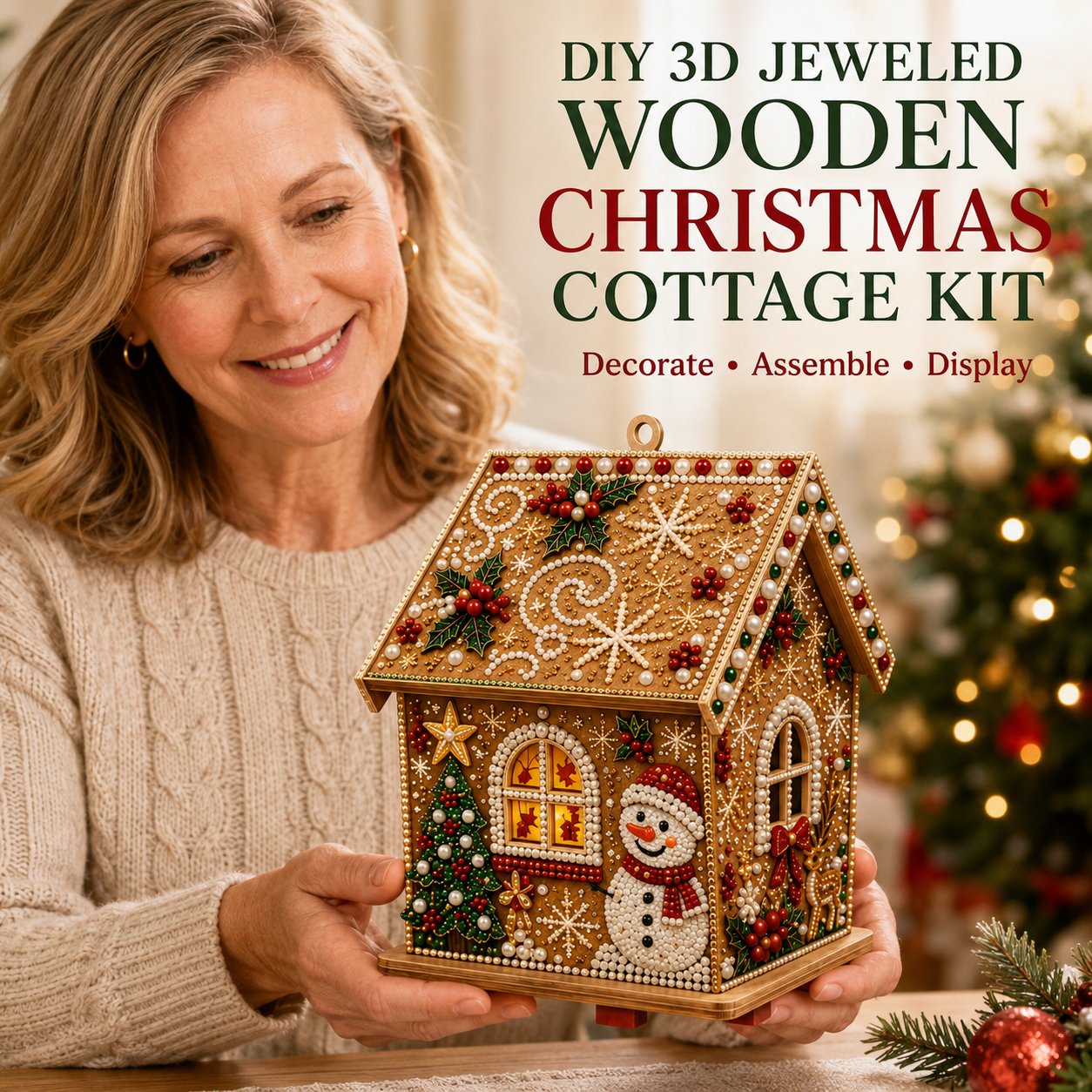 DIY 3D Jeweled Wooden Christmas Cottage Kit