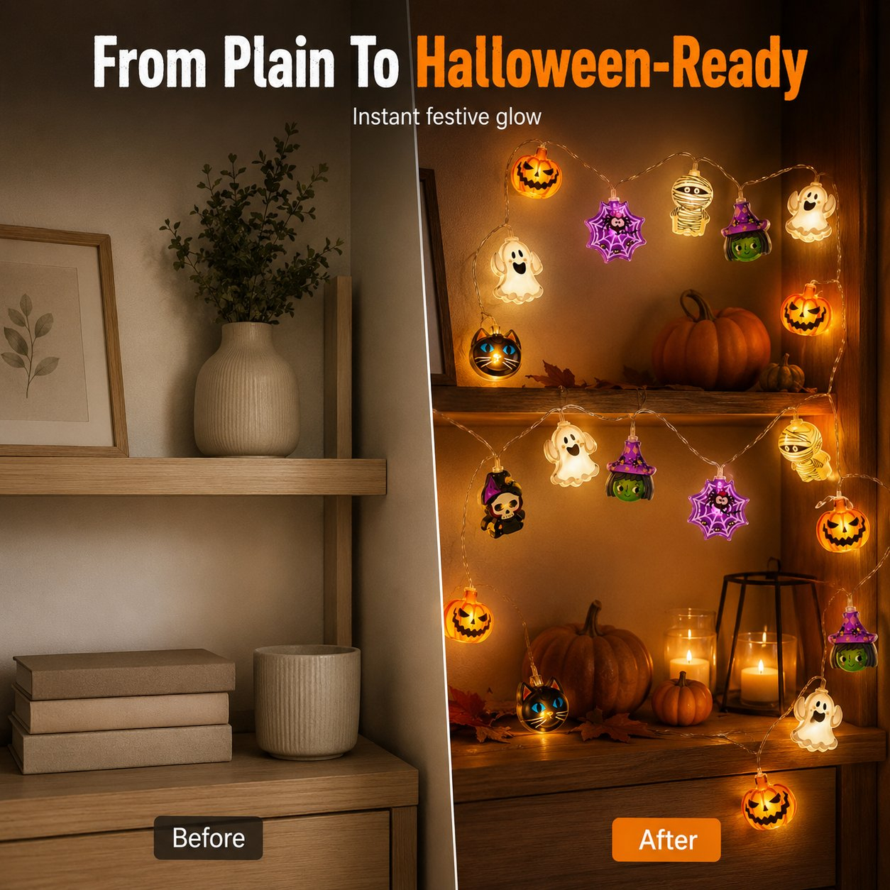 USB Pumpkin, Witch & Ghost LED String Lights