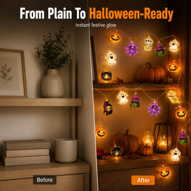 USB Pumpkin, Witch & Ghost LED String Lights