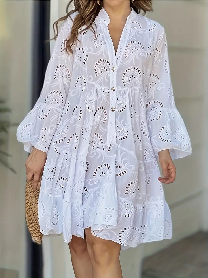 Elegant Women's Black V-Neck Shirt Dress with Embroidered Pearl Buttons and Flared Sleeves - Lightweight