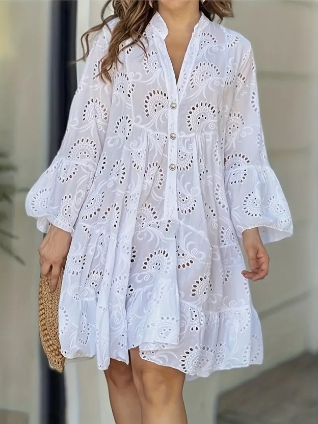 Elegant Women's Black V-Neck Shirt Dress with Embroidered Pearl Buttons and Flared Sleeves - Lightweight