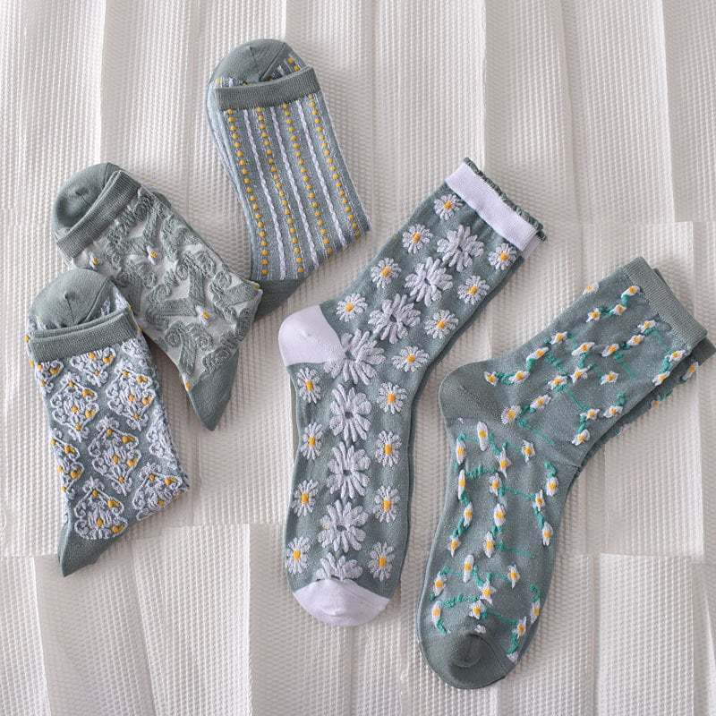 49%OFF-5 Pairs Women's Blue Elegant Embossed Floral Cotton Socks