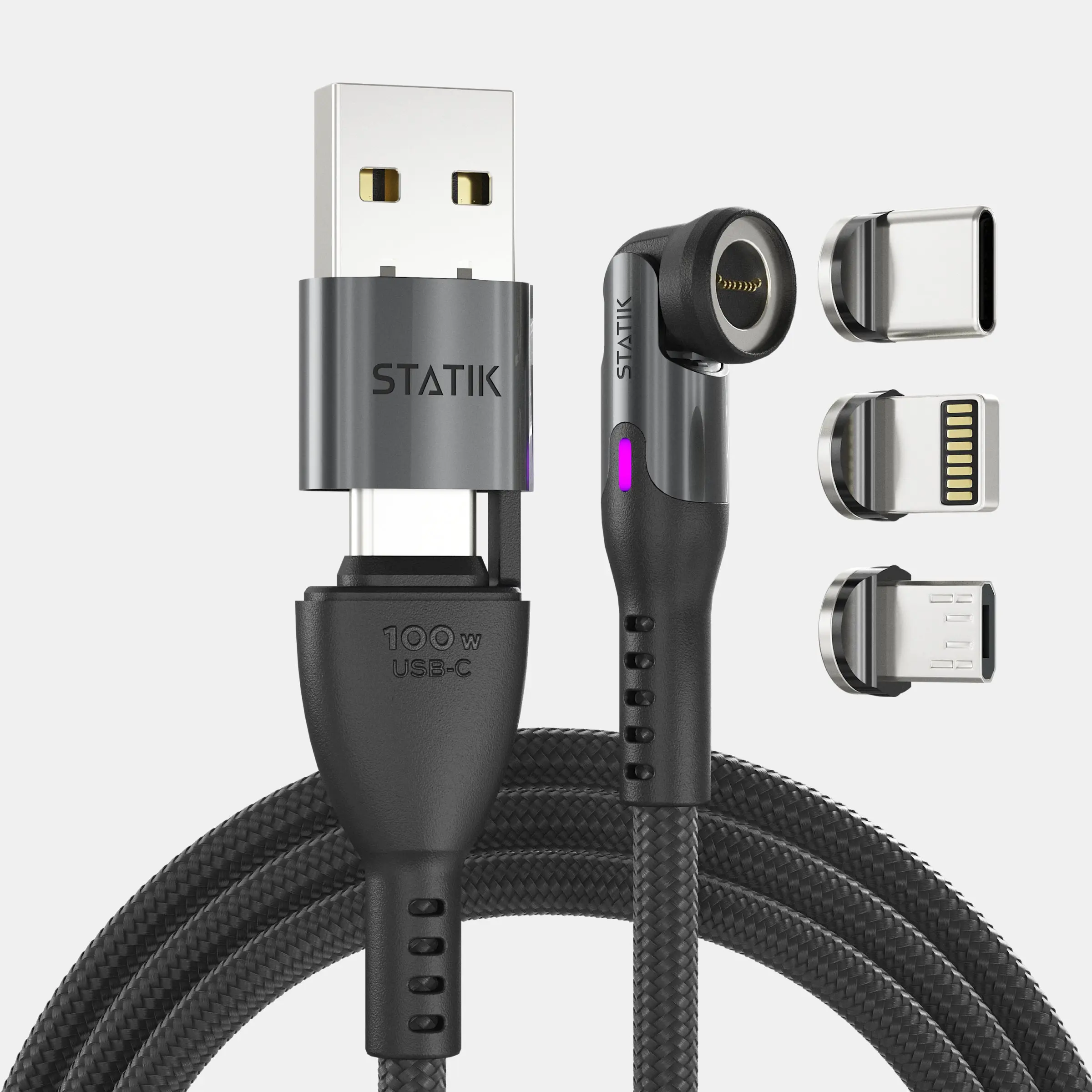 STATIK 360 Pro Cable: 5-in-1 Universal Magnetic Charging Cable | 100W | Fast Charge | 480Mbps Data Transfer | 360&deg; Rotating Head | Braided  Nylon