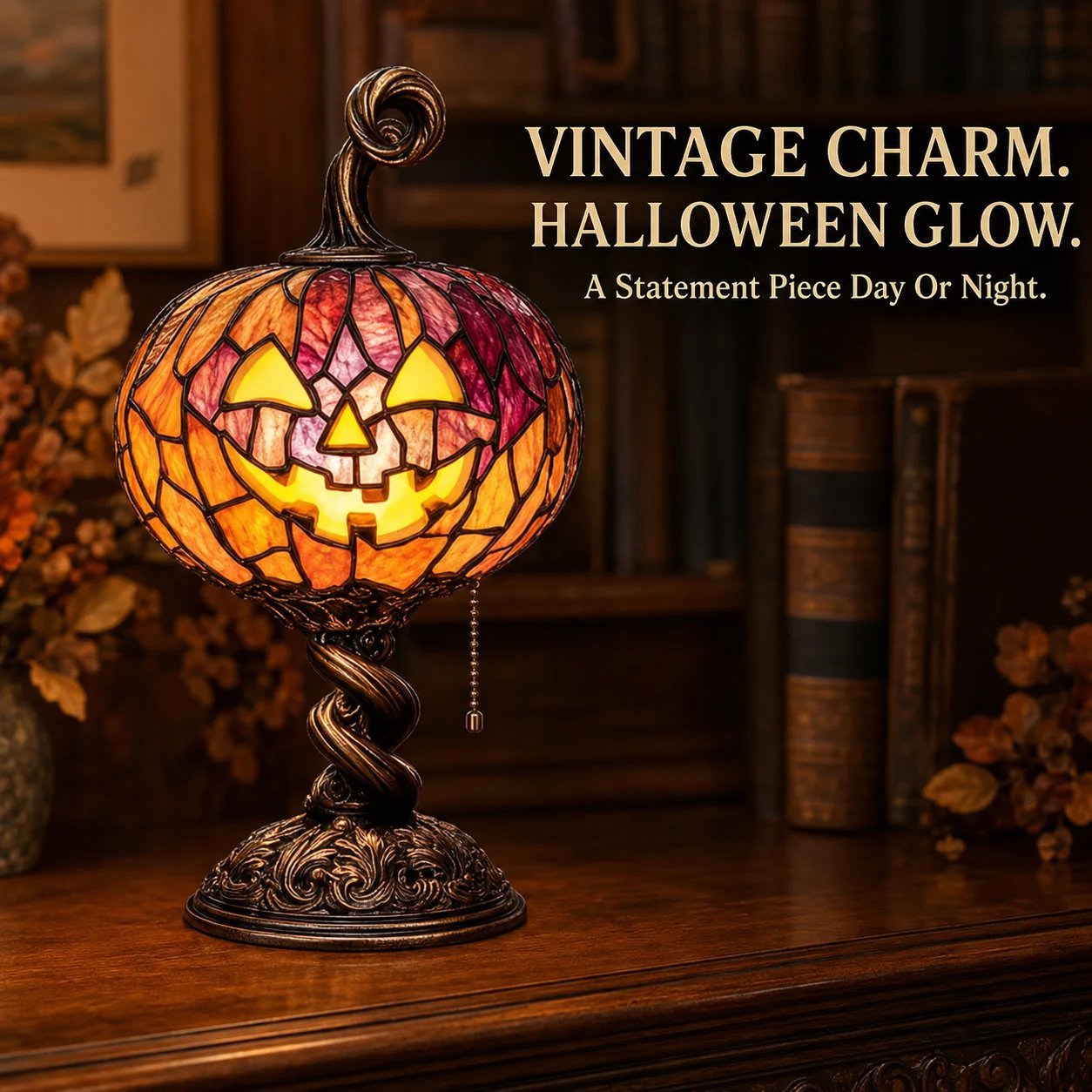🔥HOT SALE🔥🎃 Halloween Pumpkin Glow Lamp – Vintage Stained-Glass-Style Table Light