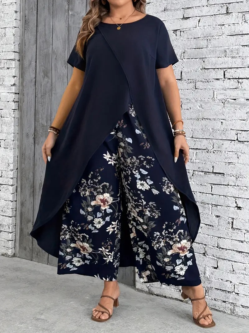 Ladies Plus Size Crew Neck Floral Short Sleeve Casual Pants Set