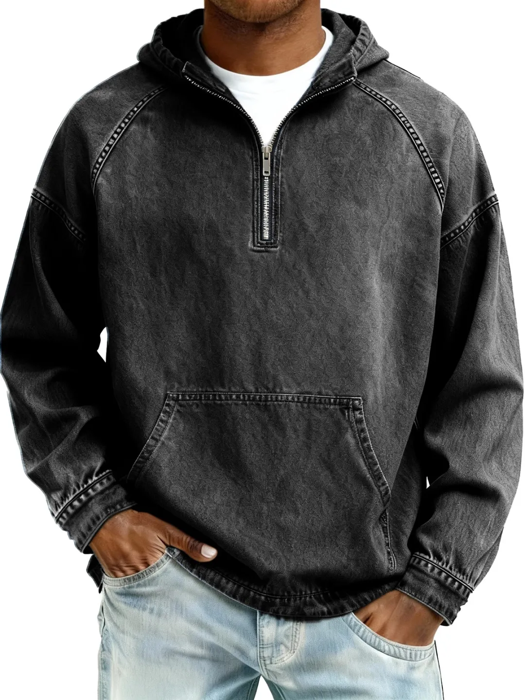 Men's Retro Distressed Raglan Sleeve Pocket Hooded Sweatshirt