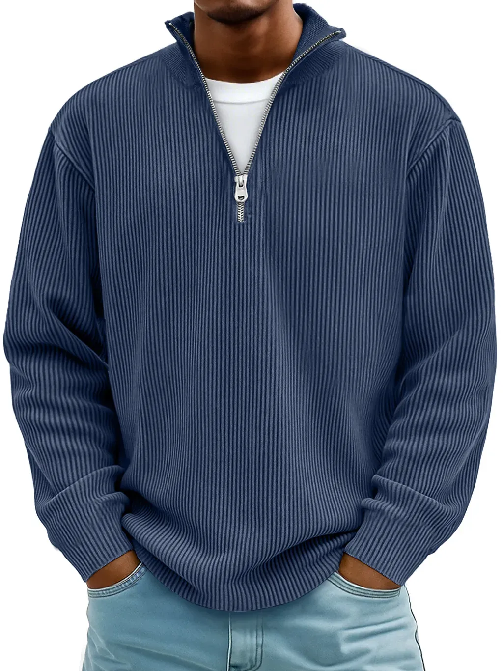 Men's Simple Casual Ribbed Stand Collar Zipper Long Sleeve T-shirt
